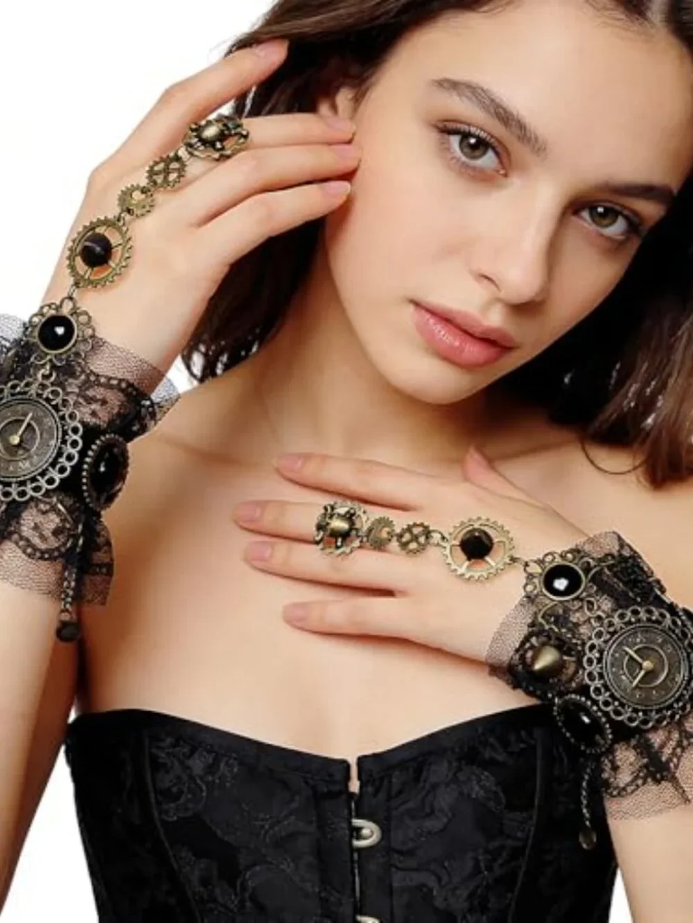 Steampunk Fingerless Lace Gloves with Clock Dial and Rings Gothic Bridal